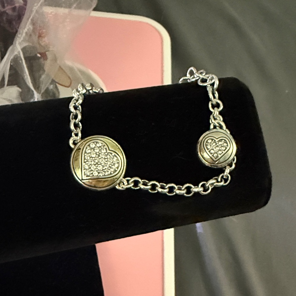 Beautiful Brighton charm bracelet with round pave heart charm and heart dangles